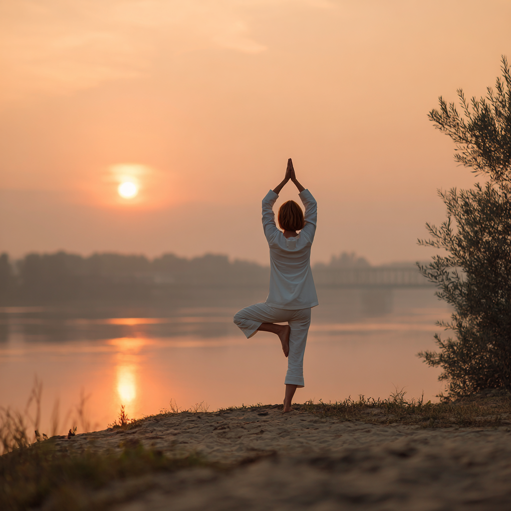 Donna pratica yoga all'alba in un parco